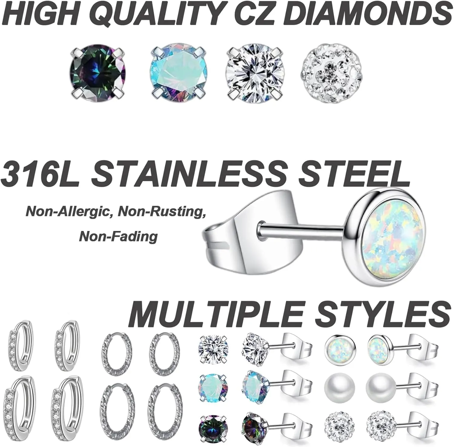 10 Pairs Stainless Steel Stud Earrings Colorful CZ Stud Earrings 20G Stud Earings 10mm 12mm Hoop Earrings Cartilage Earrings For Women Men