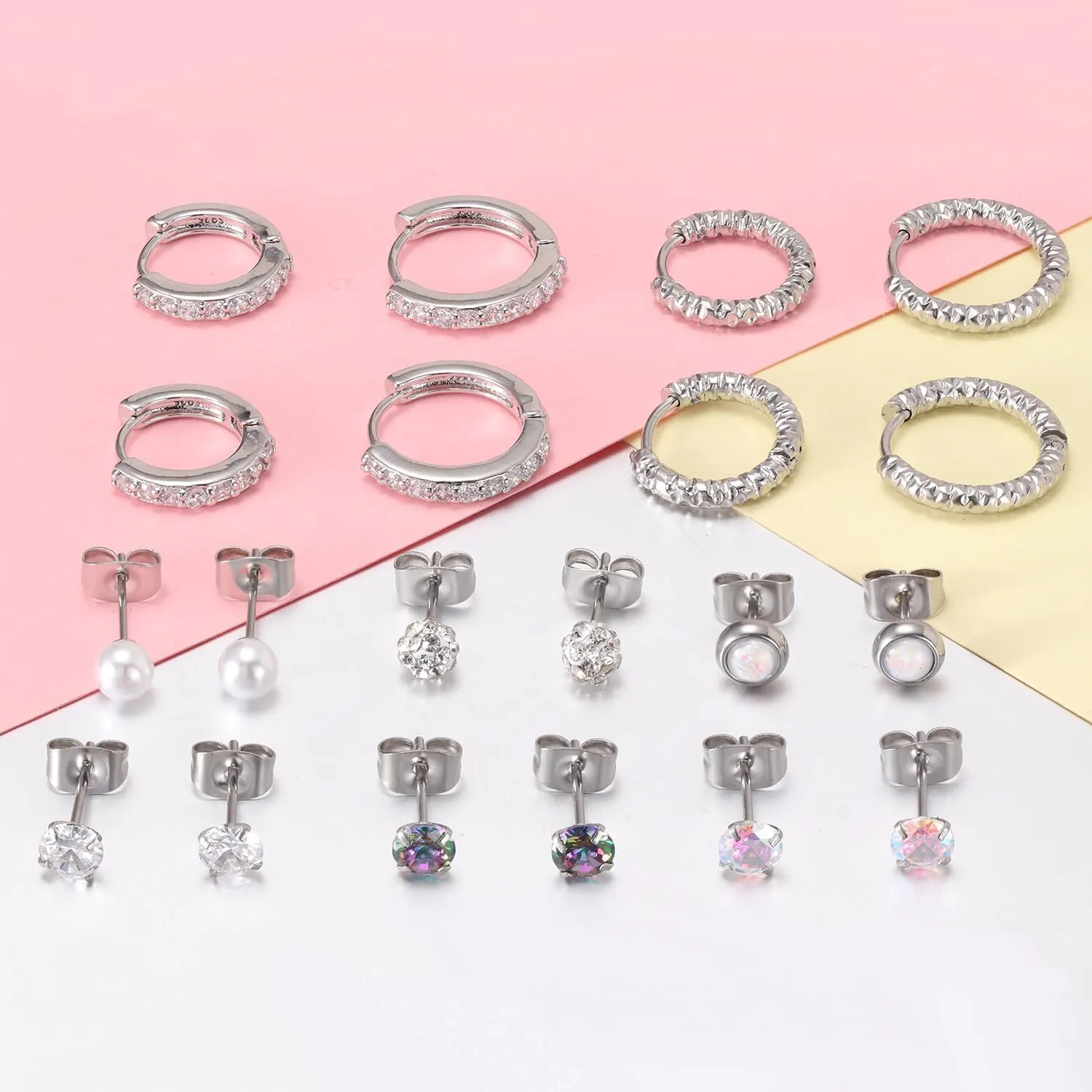10 Pairs Stainless Steel Stud Earrings Colorful CZ Stud Earrings 20G Stud Earings 10mm 12mm Hoop Earrings Cartilage Earrings For Women Men