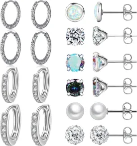 10 Pairs Stainless Steel Stud Earrings Colorful CZ Stud Earrings 20G Stud Earings 10mm 12mm Hoop Earrings Cartilage Earrings For Women Men