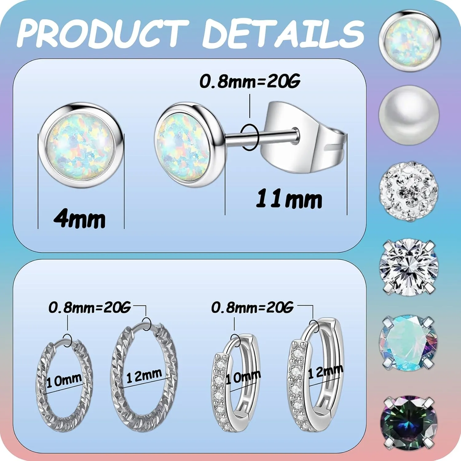 10 Pairs Stainless Steel Stud Earrings Colorful CZ Stud Earrings 20G Stud Earings 10mm 12mm Hoop Earrings Cartilage Earrings For Women Men