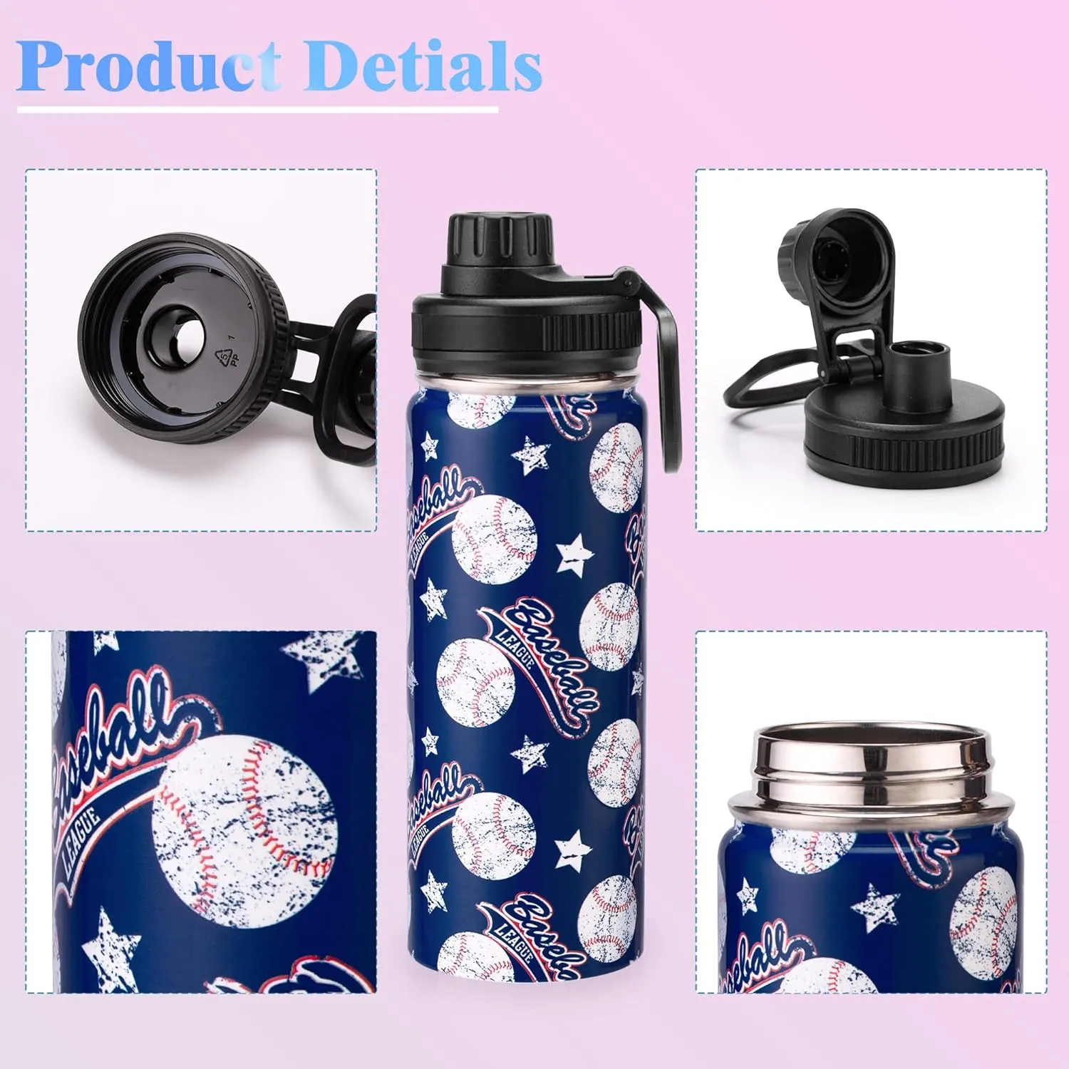 18oz Insulated Water Bottle with Straw Lid & Spout Lid, Baseball, Gift for Kids Boys to School Sports Travel Fitness Hiking Outdoors, Double Wall 18/8 Stainless Steel, Hands Wash Only, Blue