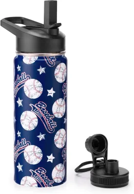 18oz Insulated Water Bottle with Straw Lid & Spout Lid, Baseball, Gift for Kids Boys to School Sports Travel Fitness Hiking Outdoors, Double Wall 18/8 Stainless Steel, Hands Wash Only, Blue