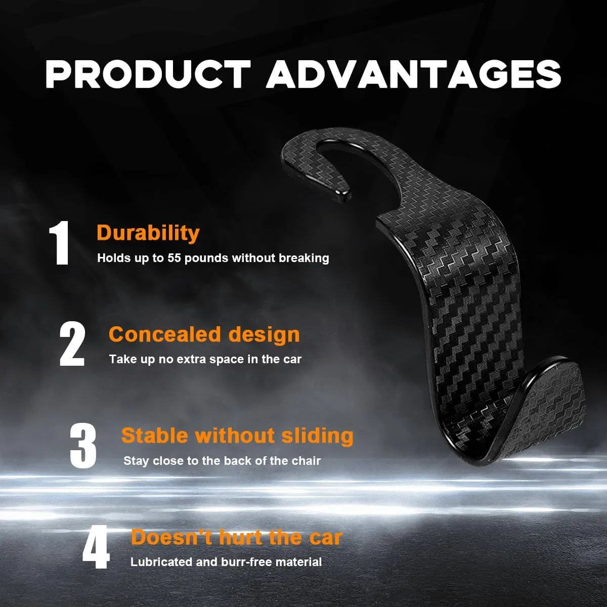 4PCS Car Seat Headrest Hook, Auto Back Seat Hanging Storage Organizer, Vehicle Seatback Hanger Holder for Purse Handbag Coat Umbrella, Universal Interior Car Accessories (Carbon Fibre Black)