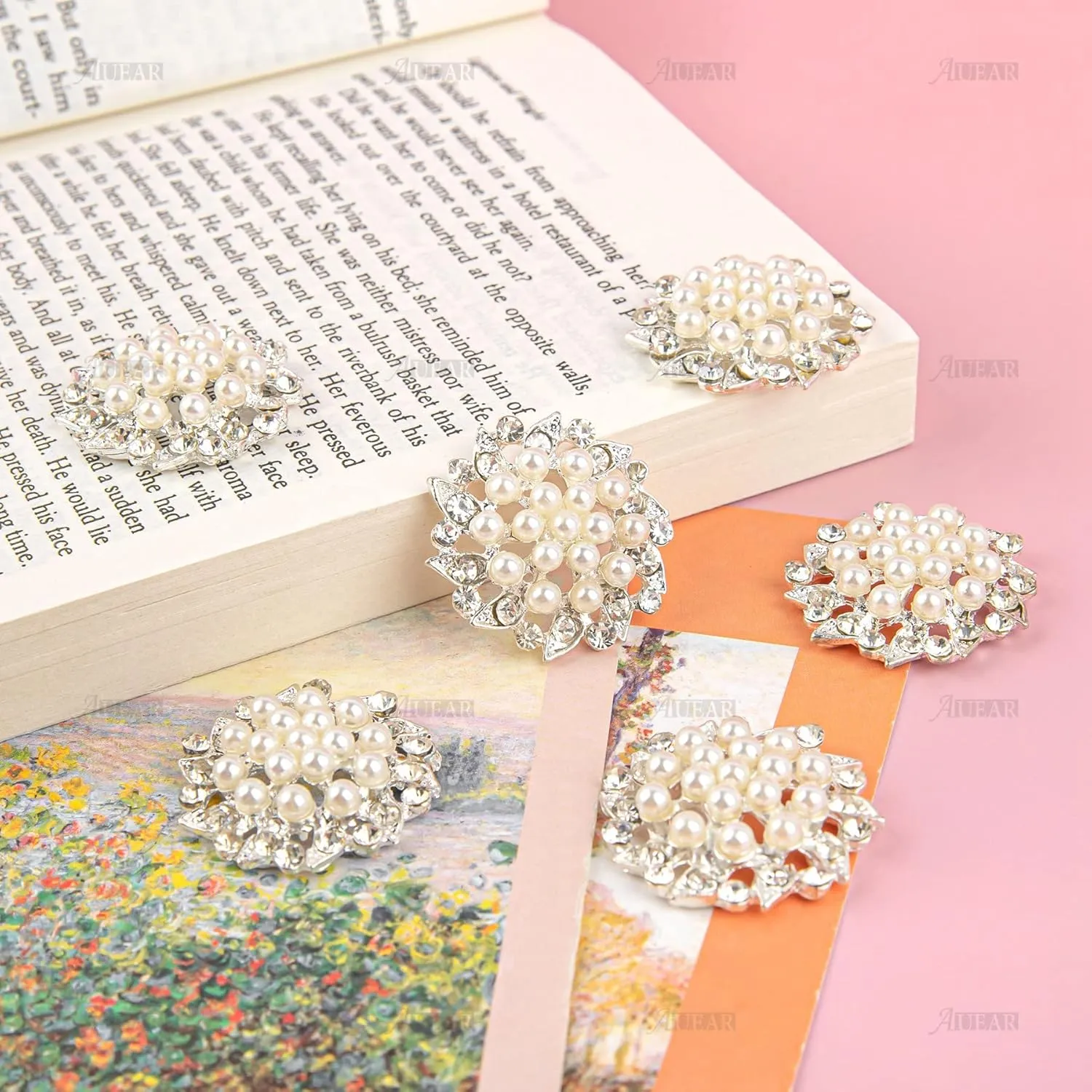AUEAR, 15 Pack Faux Rhinestone Pearl Flower Buttons Fashion Silver Crystal Button Brooches for Jewelry Making Clothing DIY Craft