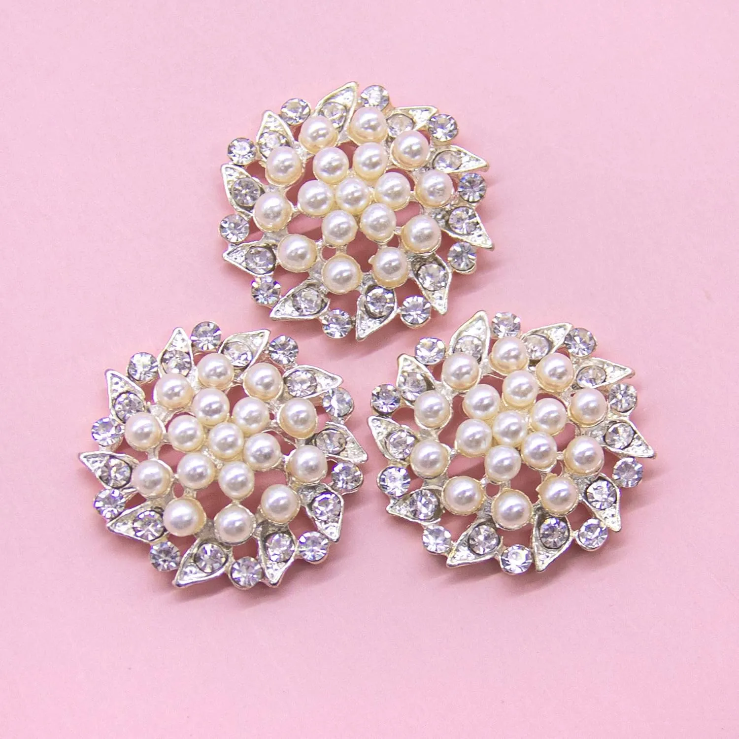 AUEAR, 15 Pack Faux Rhinestone Pearl Flower Buttons Fashion Silver Crystal Button Brooches for Jewelry Making Clothing DIY Craft