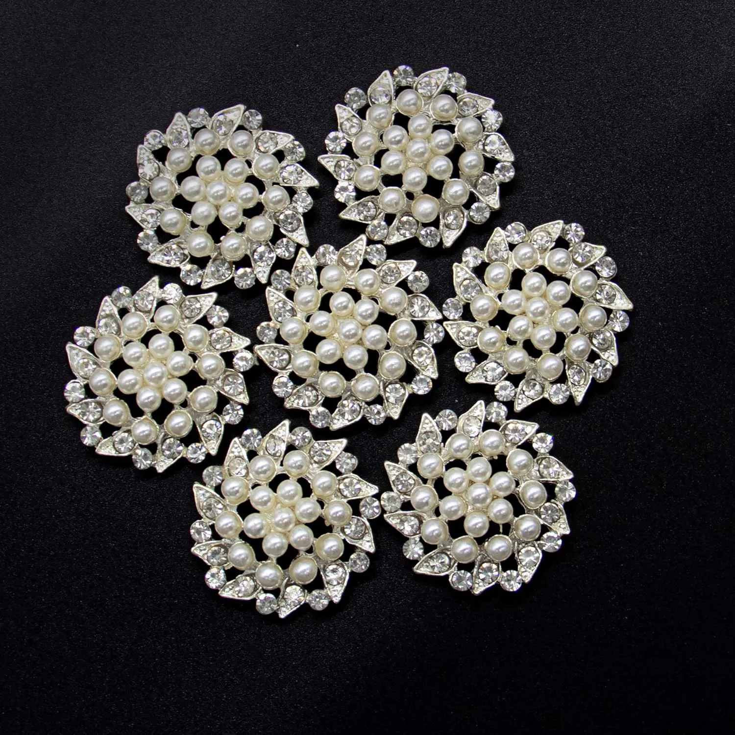 AUEAR, 15 Pack Faux Rhinestone Pearl Flower Buttons Fashion Silver Crystal Button Brooches for Jewelry Making Clothing DIY Craft