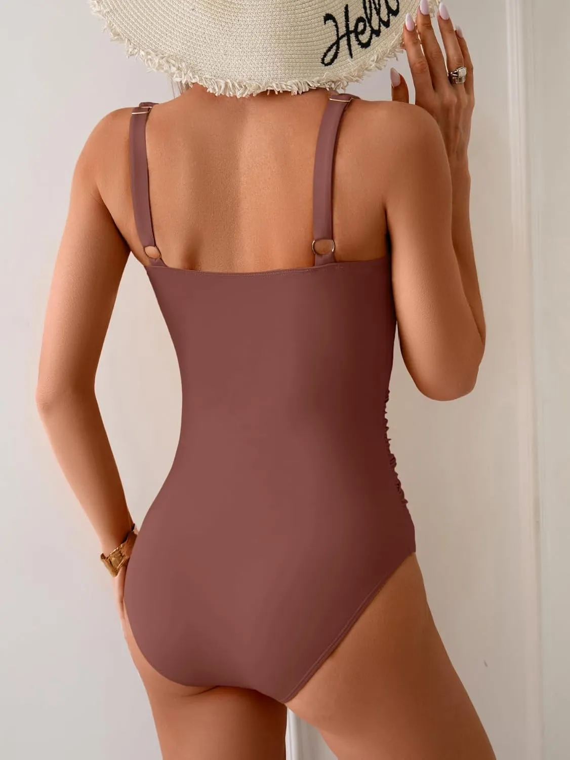 B2prity One Piece Swimsuit for Women Tummy Control Ruched Bathing Suit V Neck Push Up Swim Suit