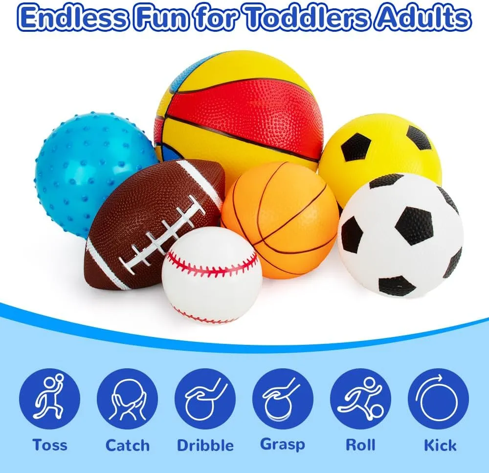 Balls for Toddlers 1-3,Toddler Sports Toys,Set of 7 Kids Ball Soft Foam Baby Sports Balls- Soccer Ball Basketball Baseball Rugby Bounce Ball Playground Indoor Outdoor Toys Gifts,with Free Bump/Bag