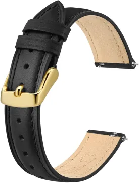BISONSTRAP Elegant Leather Watch Straps, Quick Release, Watch Bands for Women and Men, 16mm, Black (Gold Buckle)