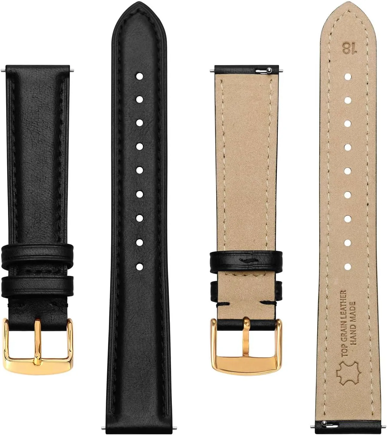BISONSTRAP Elegant Leather Watch Straps, Quick Release, Watch Bands for Women and Men, 16mm, Black (Gold Buckle)