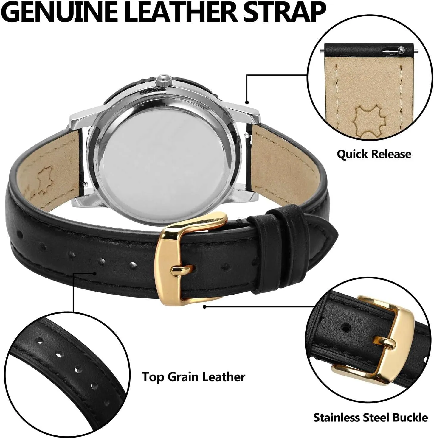 BISONSTRAP Elegant Leather Watch Straps, Quick Release, Watch Bands for Women and Men, 16mm, Black (Gold Buckle)