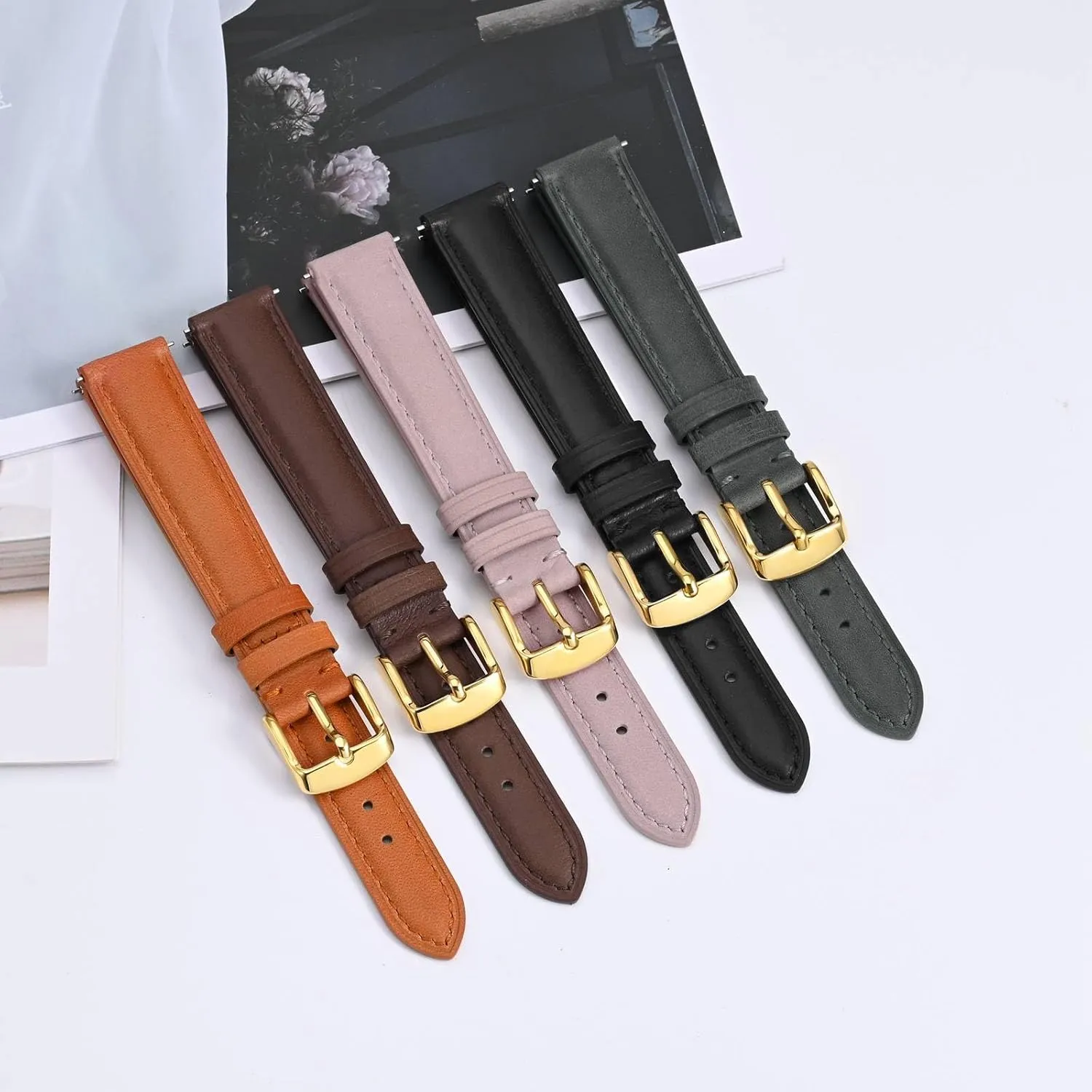 BISONSTRAP Elegant Leather Watch Straps, Quick Release, Watch Bands for Women and Men, 16mm, Black (Gold Buckle)
