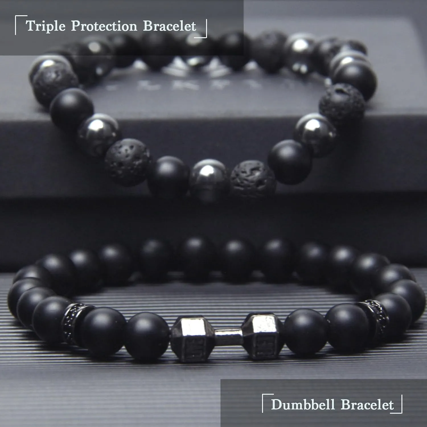 Black Obsidian Bracelet - Dumbbell Bracelet - Tourmaline Beaded Bracelets, 8MM Black Onyx Hematite Lava Stone Beads Triple Protection Bracelet for Men Women Gifts