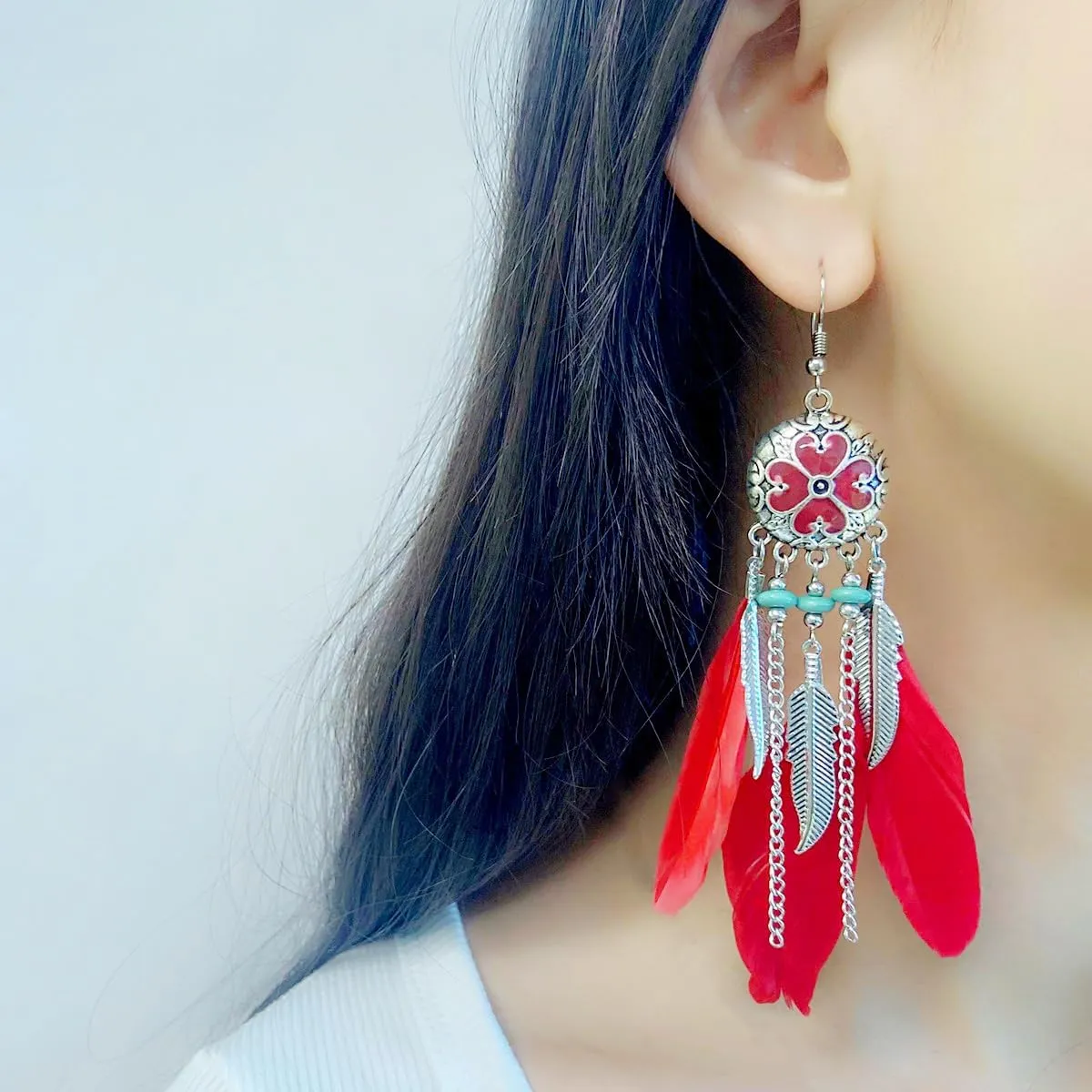 Boho Long Enamel Feather Dangle Drop Statement Stud Earring for Women Bohemian Ball Beaded Turquoise Tassel Dangling Link Piercing Fish Hook Earrings Ethnic Style Vintage Jhumka Jhumki Party Halloween Christmas Jewelry