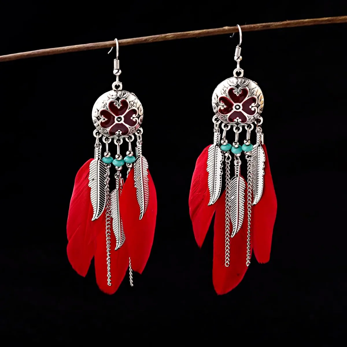 Boho Long Enamel Feather Dangle Drop Statement Stud Earring for Women Bohemian Ball Beaded Turquoise Tassel Dangling Link Piercing Fish Hook Earrings Ethnic Style Vintage Jhumka Jhumki Party Halloween Christmas Jewelry
