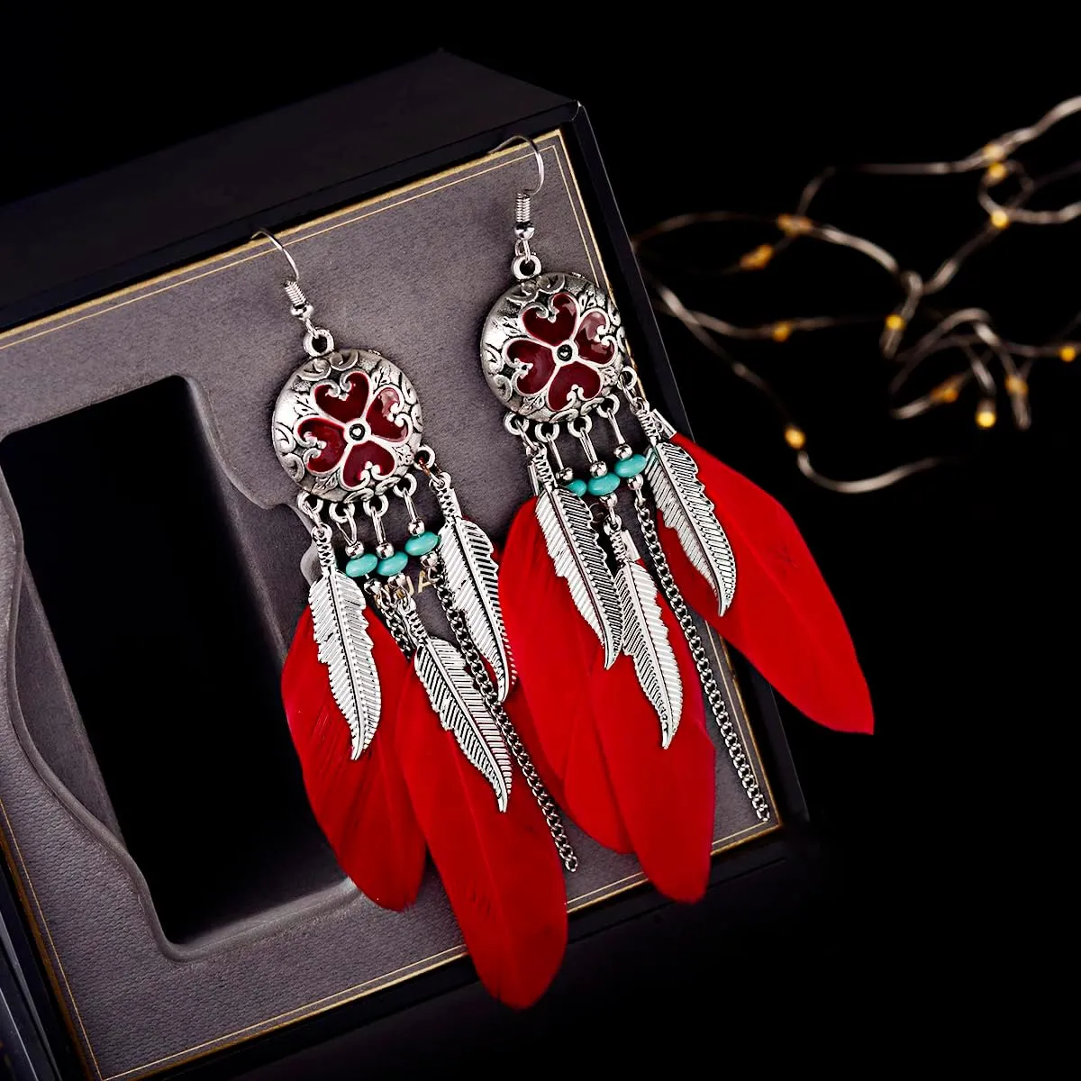 Boho Long Enamel Feather Dangle Drop Statement Stud Earring for Women Bohemian Ball Beaded Turquoise Tassel Dangling Link Piercing Fish Hook Earrings Ethnic Style Vintage Jhumka Jhumki Party Halloween Christmas Jewelry