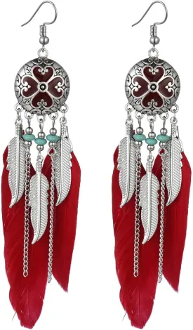 Boho Long Enamel Feather Dangle Drop Statement Stud Earring for Women Bohemian Ball Beaded Turquoise Tassel Dangling Link Piercing Fish Hook Earrings Ethnic Style Vintage Jhumka Jhumki Party Halloween Christmas Jewelry