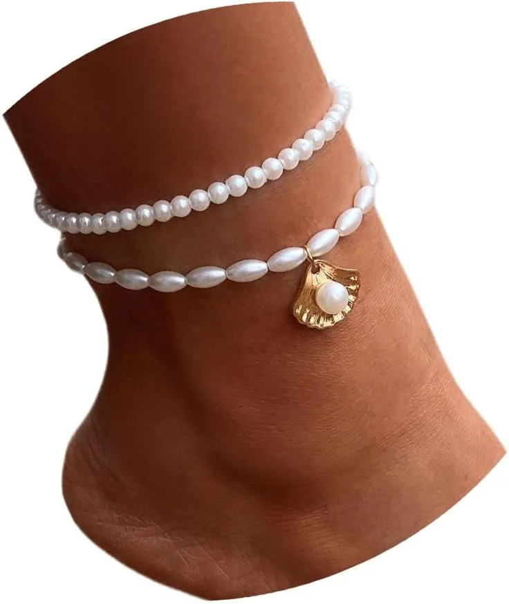 Boho Pearl Anklets Bracelets Beaded Layered Ankles Bracelets Shell Pendant Foot Chain Jewelry for Women