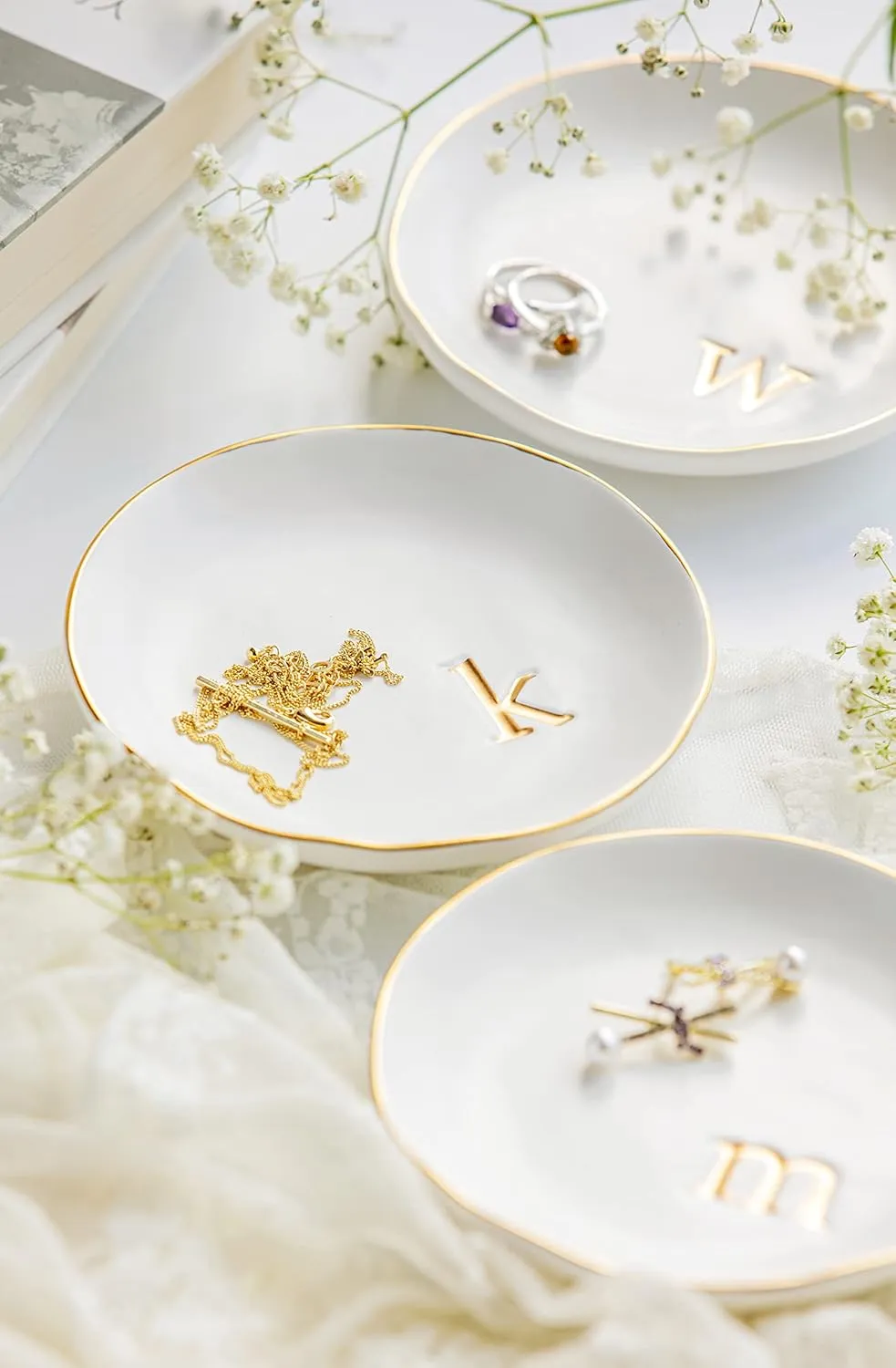 COLLECTIVE HOME - Ceramic Jewelry Tray, Decorative Trinket Dish for Rings Earrings Necklaces Bracelet Watch Keys, Birthday Mother's Day for Women, 4.75", White Surface (E)