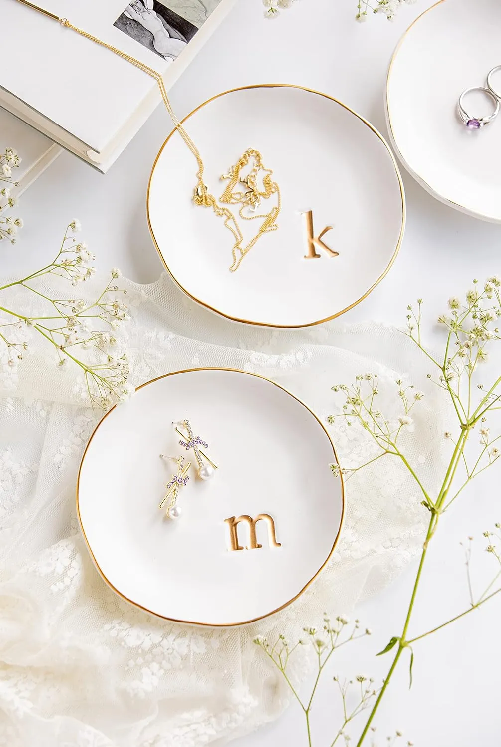 COLLECTIVE HOME - Ceramic Jewelry Tray, Decorative Trinket Dish for Rings Earrings Necklaces Bracelet Watch Keys, Birthday Mother's Day for Women, 4.75", White Surface (E)