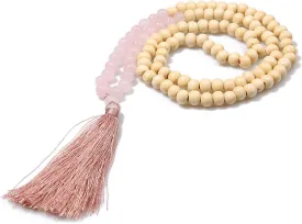 COLORFUL BLING Handmade 8MM Semi-precious Stone Beaded Natural Wood Mala Beads Long Tassel Fringe Pendant Necklace for Women Men Prayer Tibetan Jewelry