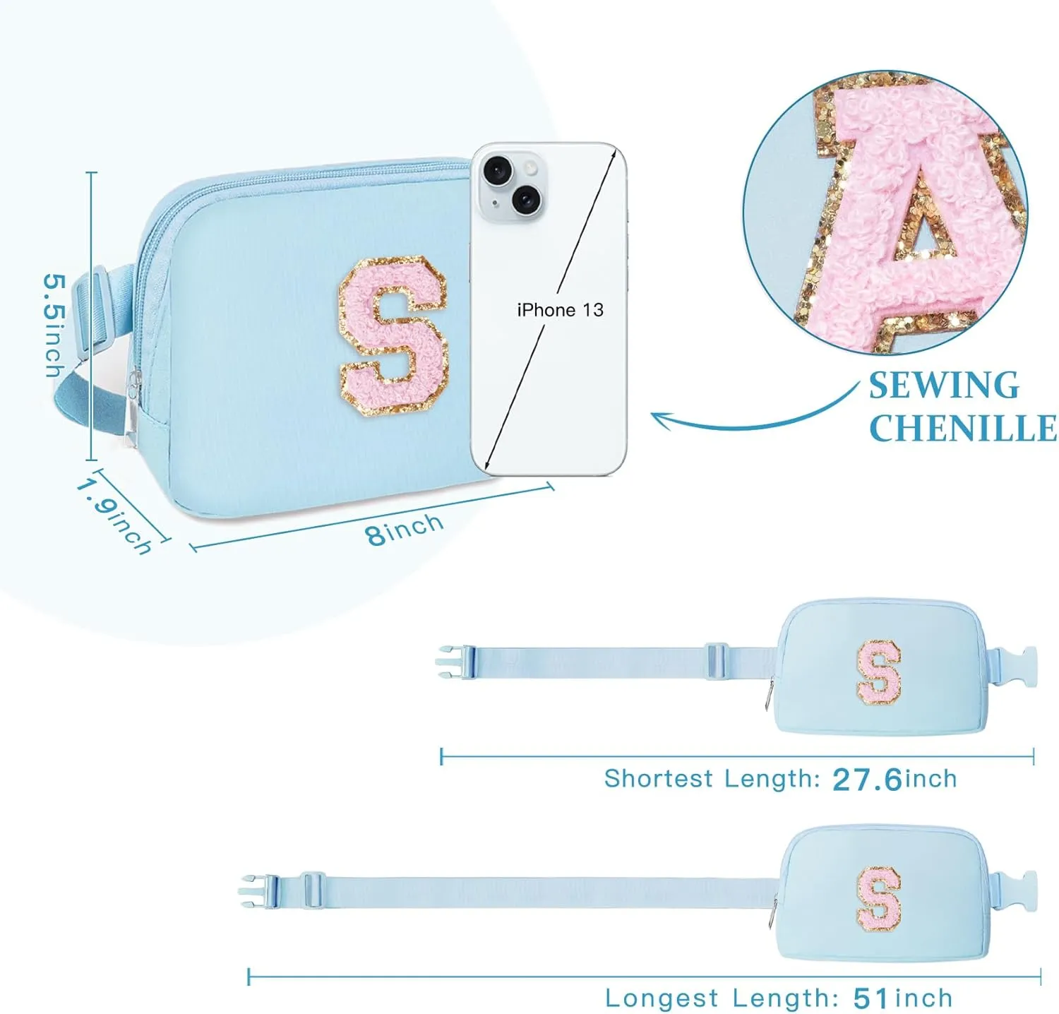 COSHAYSOO Blue Belt Bag Fanny Pack Crossbody 7th 8th 9th 10th 11th 12th 13th 14th 15th 16th 17th 18th 19th 20th 21st Birthday Gifts for Girls Sister Daughter Unique Personalized Initial Letter S
