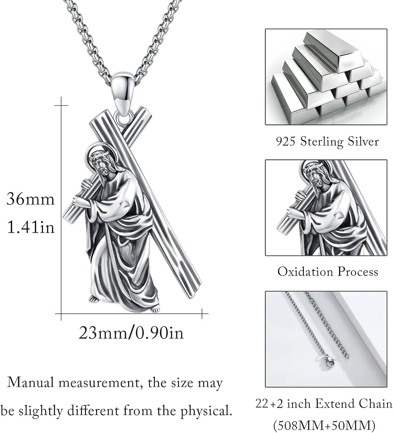 Crucifix Necklace for Men 925 Sterling Silver Jesus Cross Necklace Crucifix Cross Pendant Protection Jewelry for Men Women