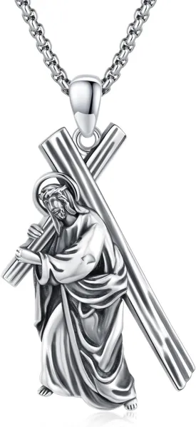 Crucifix Necklace for Men 925 Sterling Silver Jesus Cross Necklace Crucifix Cross Pendant Protection Jewelry for Men Women