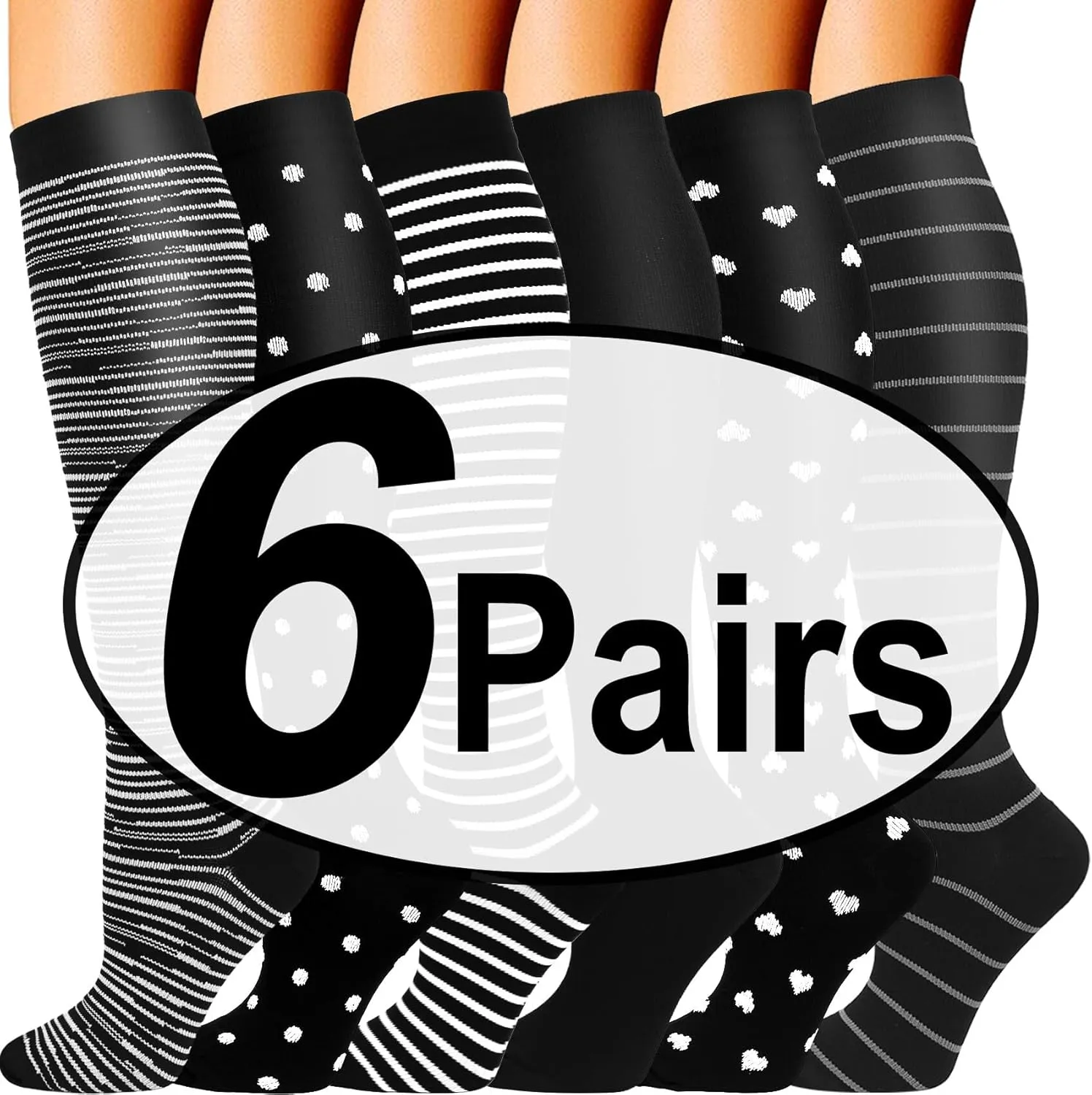 Double Couple 6 Pairs Compression Socks for Men Women 20-30mmhg Knee High Support for Sports Circulation