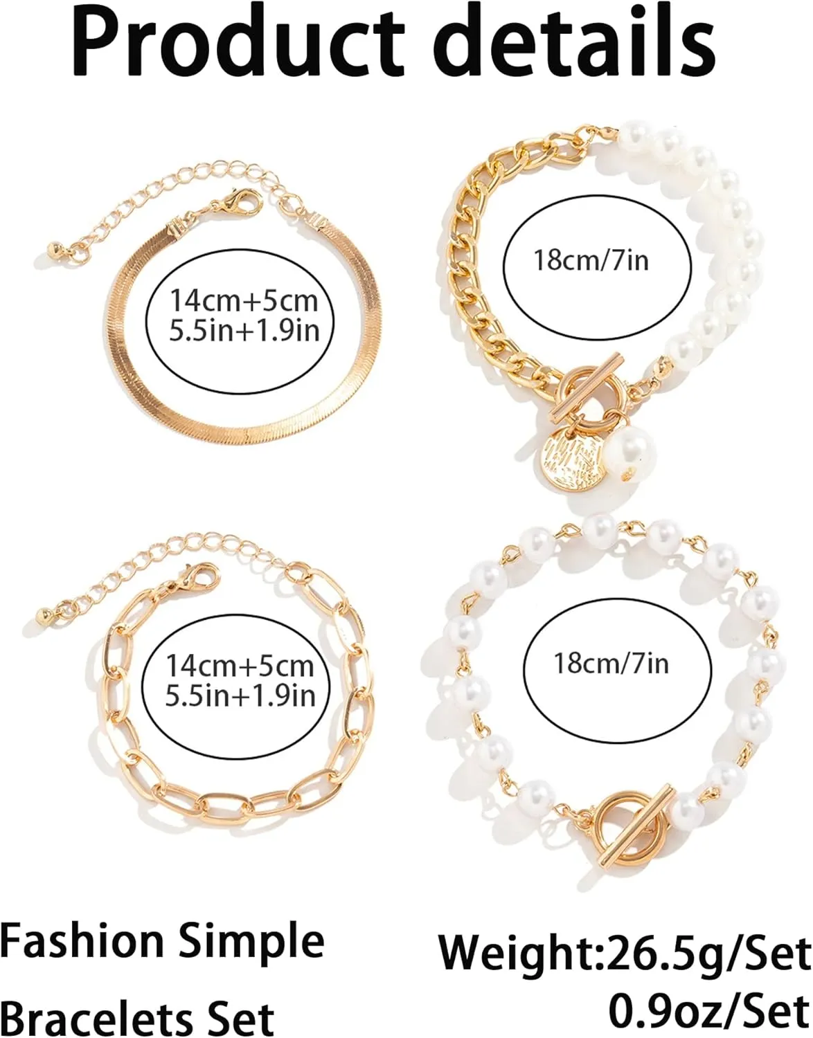 FUTIMELY Gold Pearl Bracelet for Women,Layered Chain Link Pearl Stack Bracelet Set for Woman,Herringbone Paperclip Portrait Charming Bracelet Jewelry