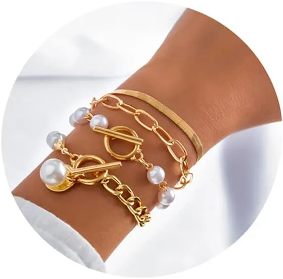 FUTIMELY Gold Pearl Bracelet for Women,Layered Chain Link Pearl Stack Bracelet Set for Woman,Herringbone Paperclip Portrait Charming Bracelet Jewelry
