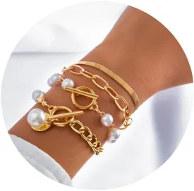 FUTIMELY Gold Pearl Bracelet for Women,Layered Chain Link Pearl Stack Bracelet Set for Woman,Herringbone Paperclip Portrait Charming Bracelet Jewelry