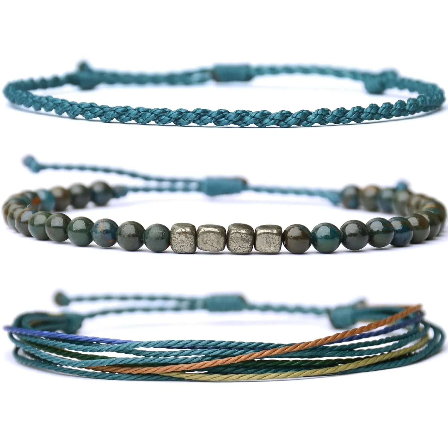 Handmade Natural Gemstone Beaded Healing Bracelet for Men, Adjustable Waterproof Rope String Bracelet with Square Pyrite Beads, Birthday Gifts for Him?? (Peacock Jasper, /)
