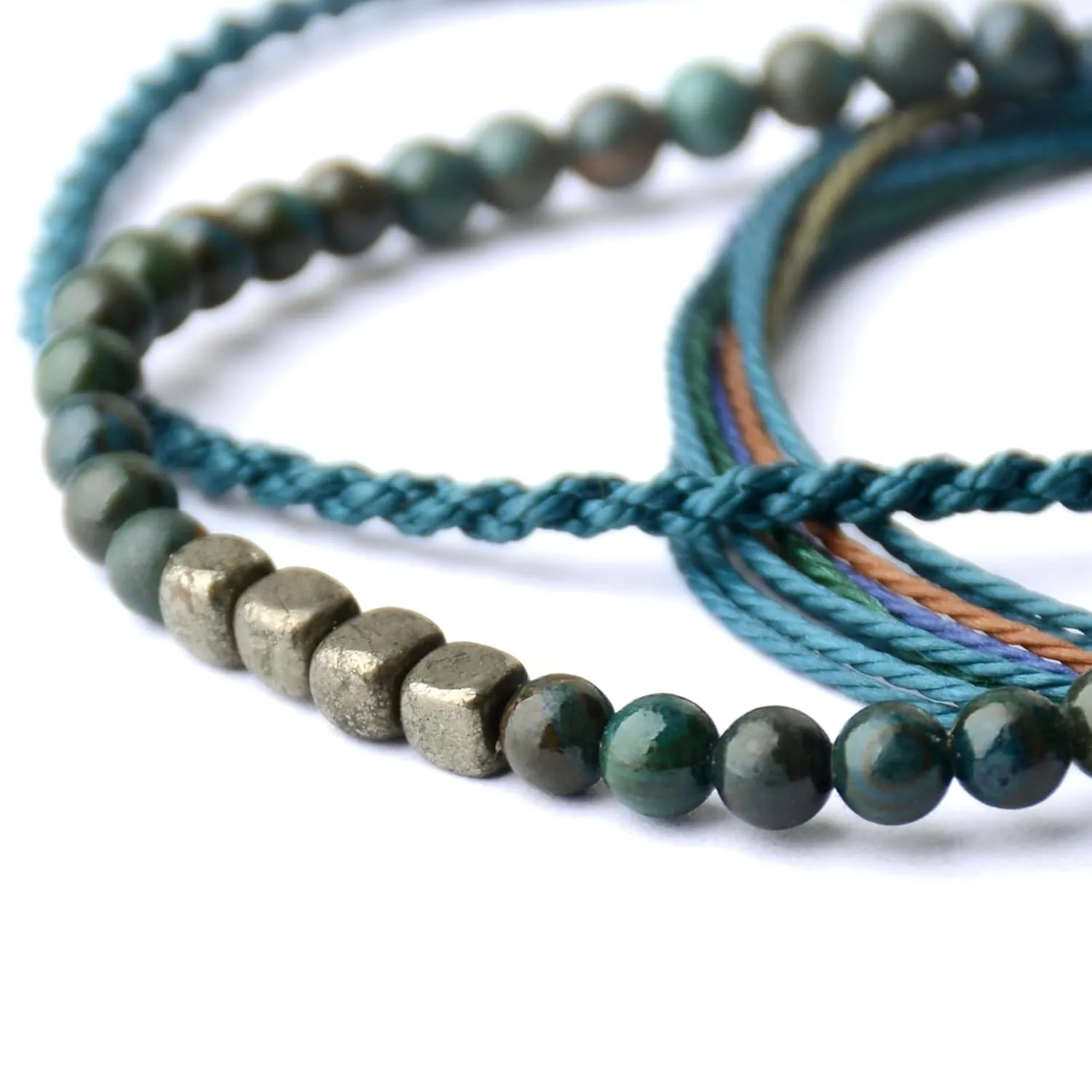 Handmade Natural Gemstone Beaded Healing Bracelet for Men, Adjustable Waterproof Rope String Bracelet with Square Pyrite Beads, Birthday Gifts for Him?? (Peacock Jasper, /)
