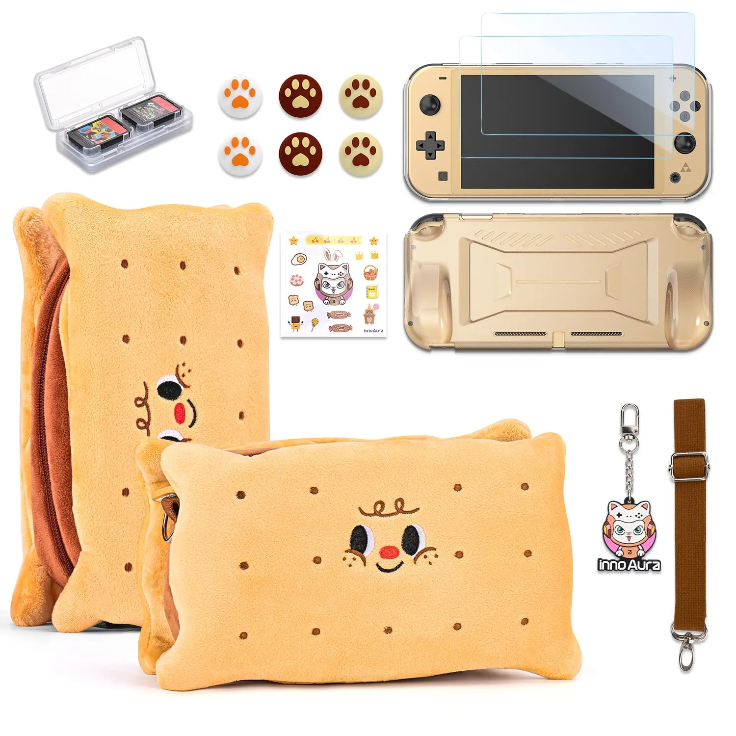 innoAura Switch Lite Case, 14 in 1 Switch Lite Accessories Bundle with Cute Switch Lite Carrying Case, Switch Lite Screen Protector, Switch Game Case, Switch Thumb Caps (Brown Cookie)