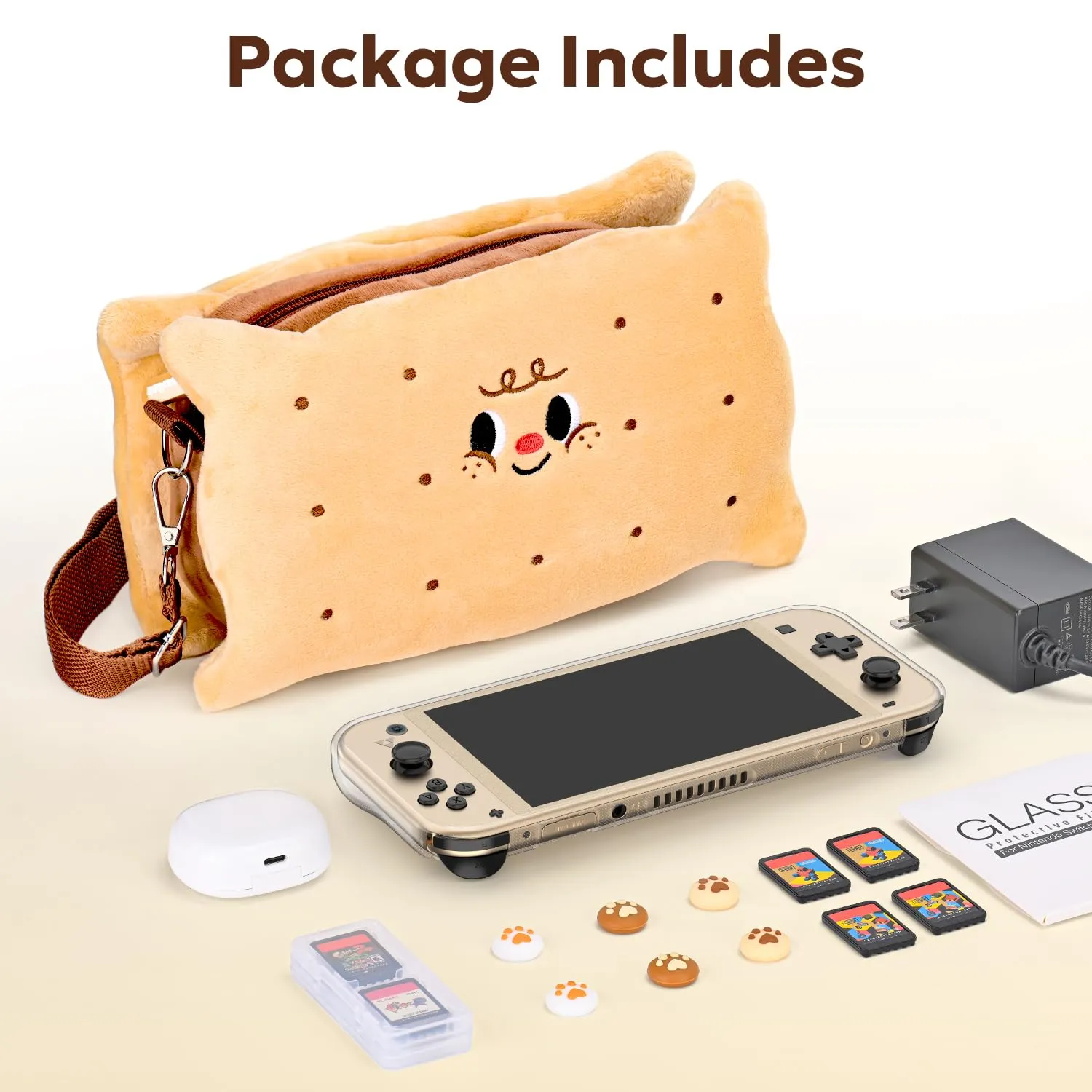 innoAura Switch Lite Case, 14 in 1 Switch Lite Accessories Bundle with Cute Switch Lite Carrying Case, Switch Lite Screen Protector, Switch Game Case, Switch Thumb Caps (Brown Cookie)