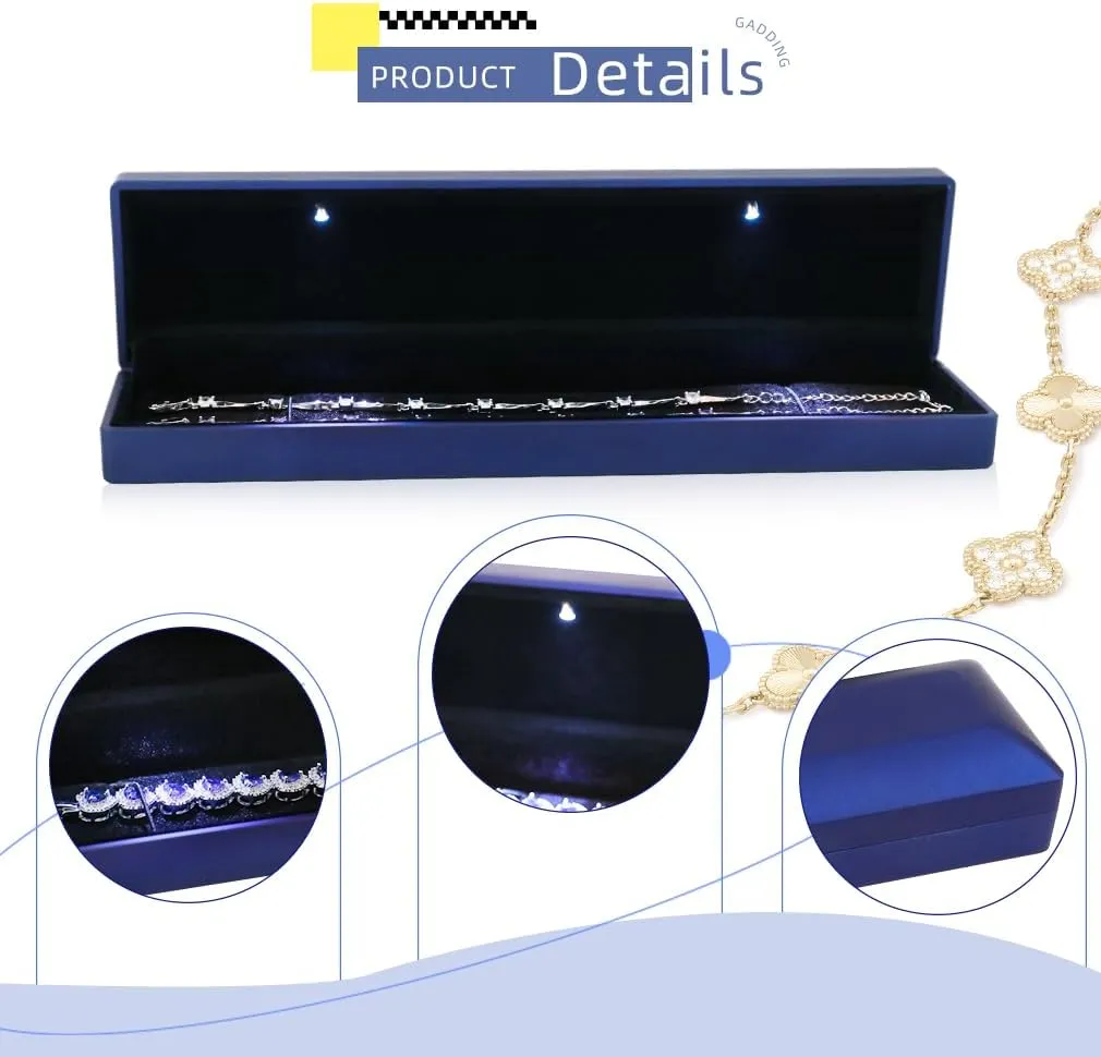 iSuperb LED Light Long Necklace Box Chain Bracelet Box Jewelry Display Case 9x 2.2x1.4 inches Storage Deep Blue Jewelry Gift Box