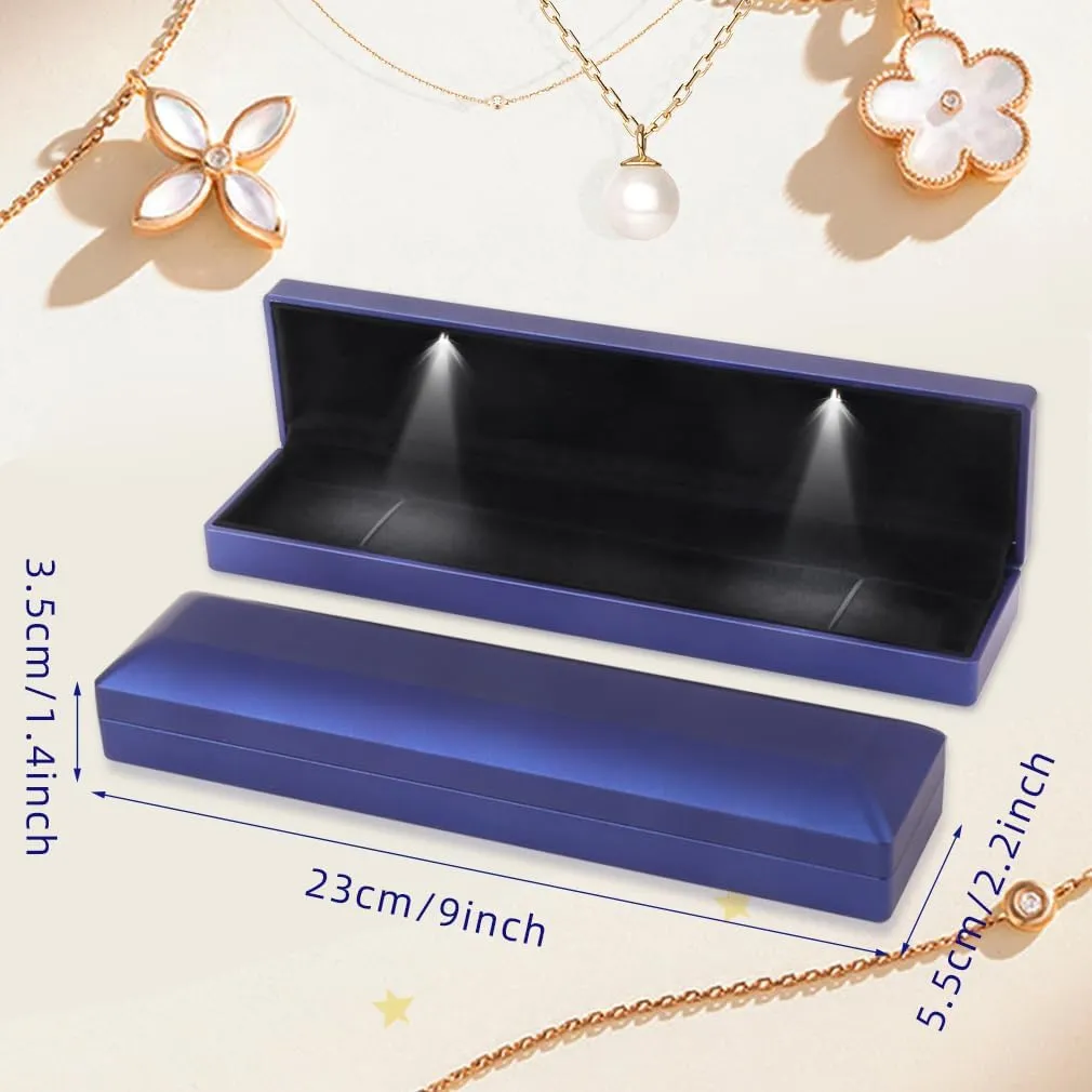 iSuperb LED Light Long Necklace Box Chain Bracelet Box Jewelry Display Case 9x 2.2x1.4 inches Storage Deep Blue Jewelry Gift Box