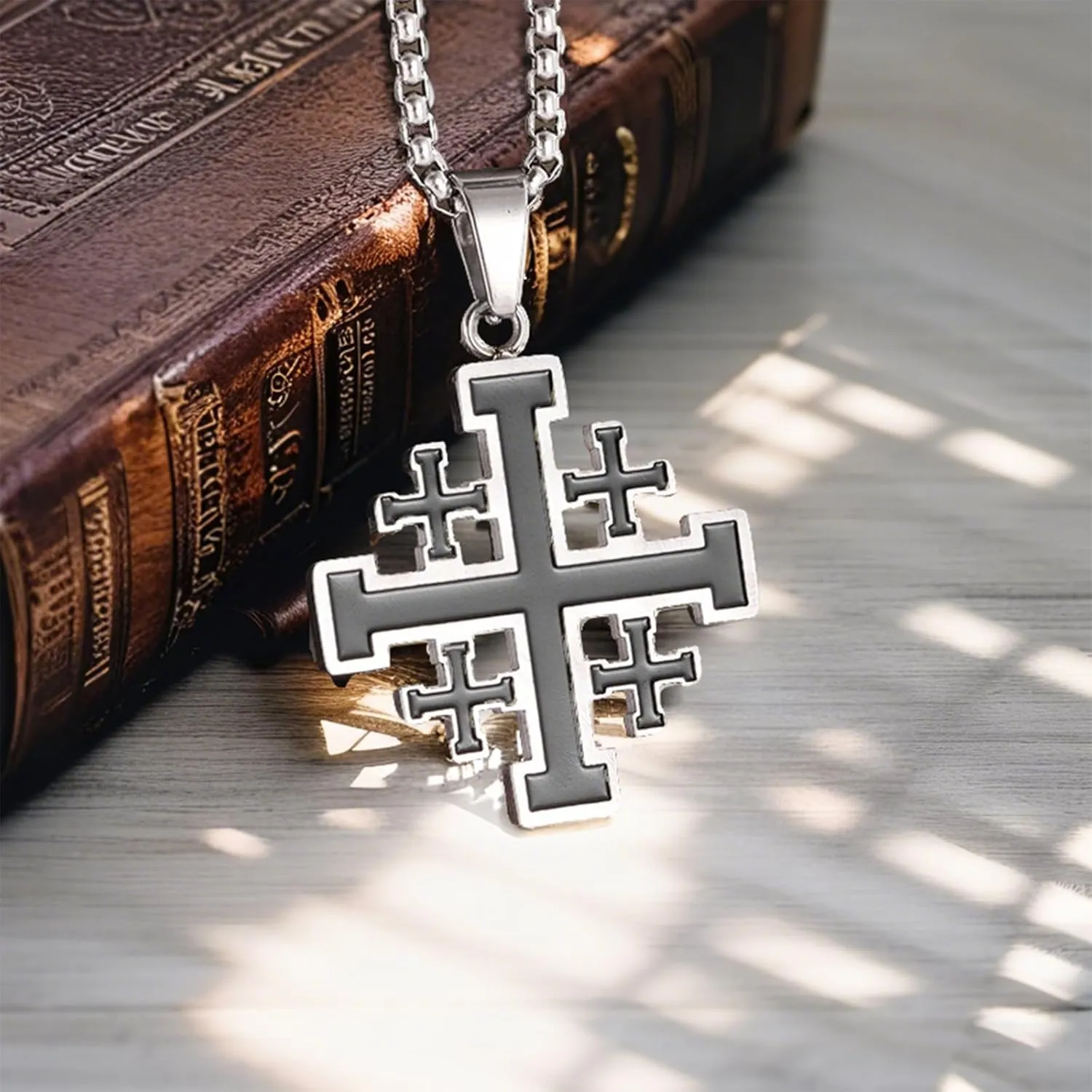 Jerusalem Cross Necklace, Crusader Templar Cross Pendant Necklace, Stainless Steel Cross Biker Necklace for Men Women
