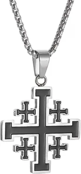 Jerusalem Cross Necklace, Crusader Templar Cross Pendant Necklace, Stainless Steel Cross Biker Necklace for Men Women