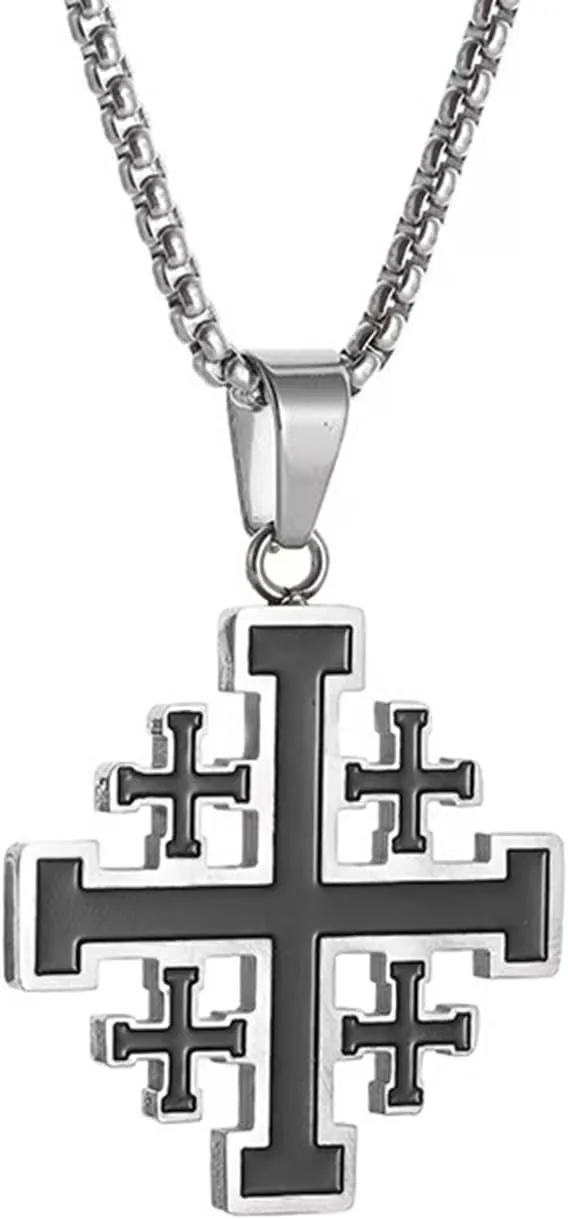 Jerusalem Cross Necklace, Crusader Templar Cross Pendant Necklace, Stainless Steel Cross Biker Necklace for Men Women