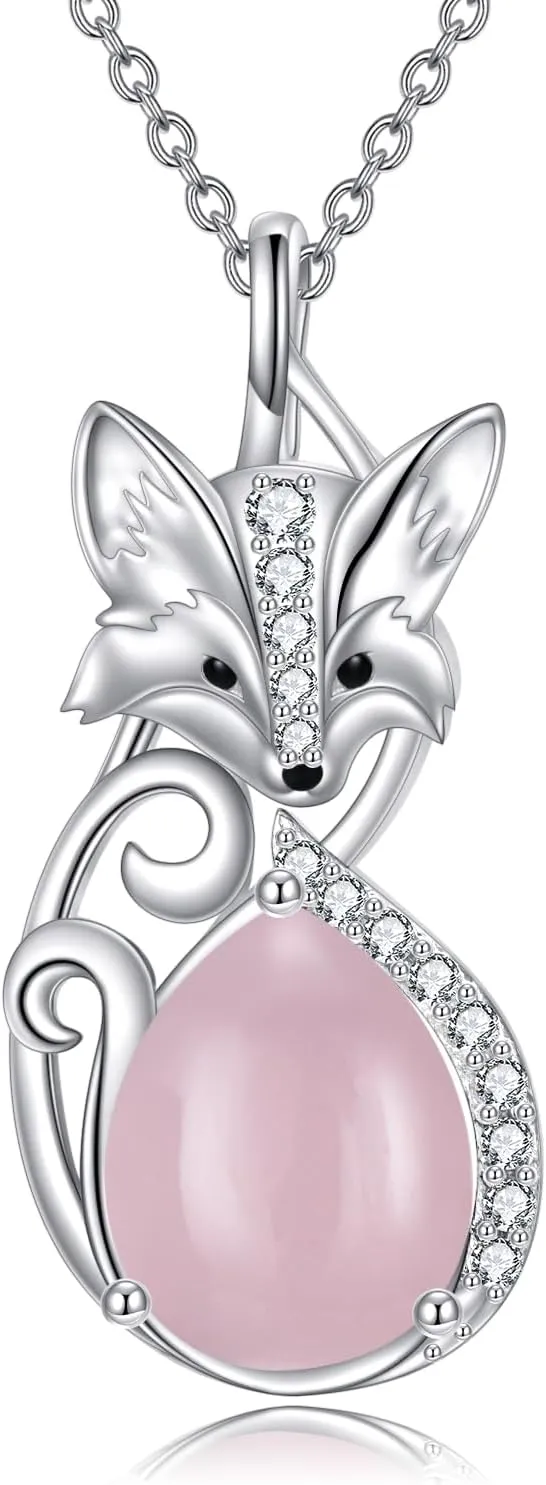 KZX Rose Quartz Fox Pendant Necklace for Women 925 Sterling Sliver Fox Jerelry Gift for Mother Wife