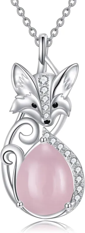 KZX Rose Quartz Fox Pendant Necklace for Women 925 Sterling Sliver Fox Jerelry Gift for Mother Wife