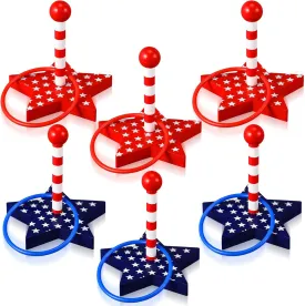 Leitee 6 Set Patriotic Party Games 4th of July Star Ring Toss Games Include Wooden Star Peg Targets, Plastic Toss Rings for Independence Day Party Outdoor