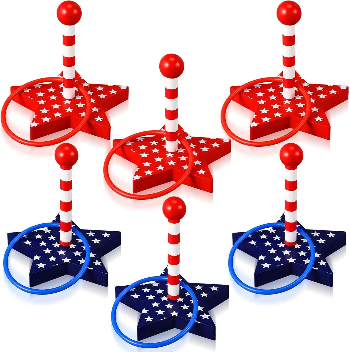 Leitee 6 Set Patriotic Party Games 4th of July Star Ring Toss Games Include Wooden Star Peg Targets, Plastic Toss Rings for Independence Day Party Outdoor