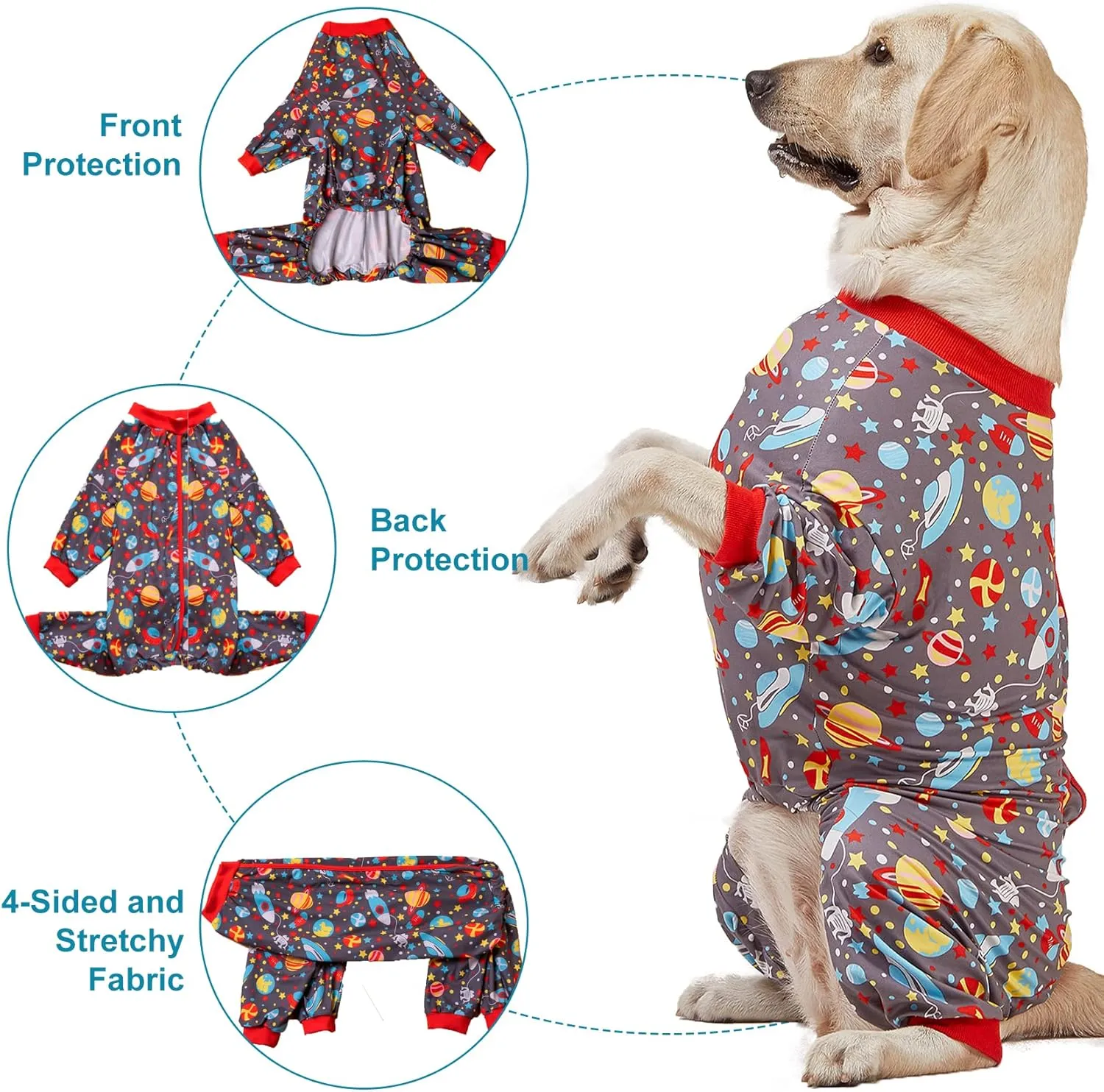 LovinPet Large Dog Pajamas: Large Breed Pitbull/Boxer/Labrador/Doberman, Lightweight Onesie, Space-Travel Grey Print,Post Surgery Shirt,UV Protection, Pet Anxiety Relief, Wound Care for Big Dog /3XL