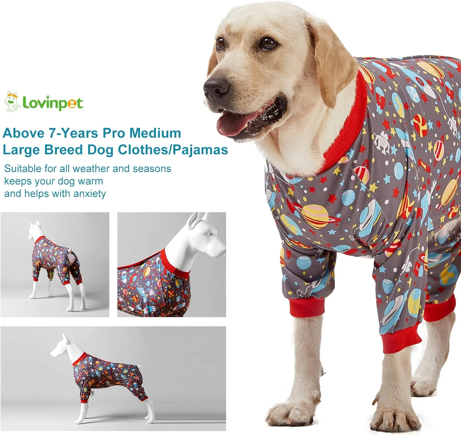 LovinPet Large Dog Pajamas: Large Breed Pitbull/Boxer/Labrador/Doberman, Lightweight Onesie, Space-Travel Grey Print,Post Surgery Shirt,UV Protection, Pet Anxiety Relief, Wound Care for Big Dog /3XL