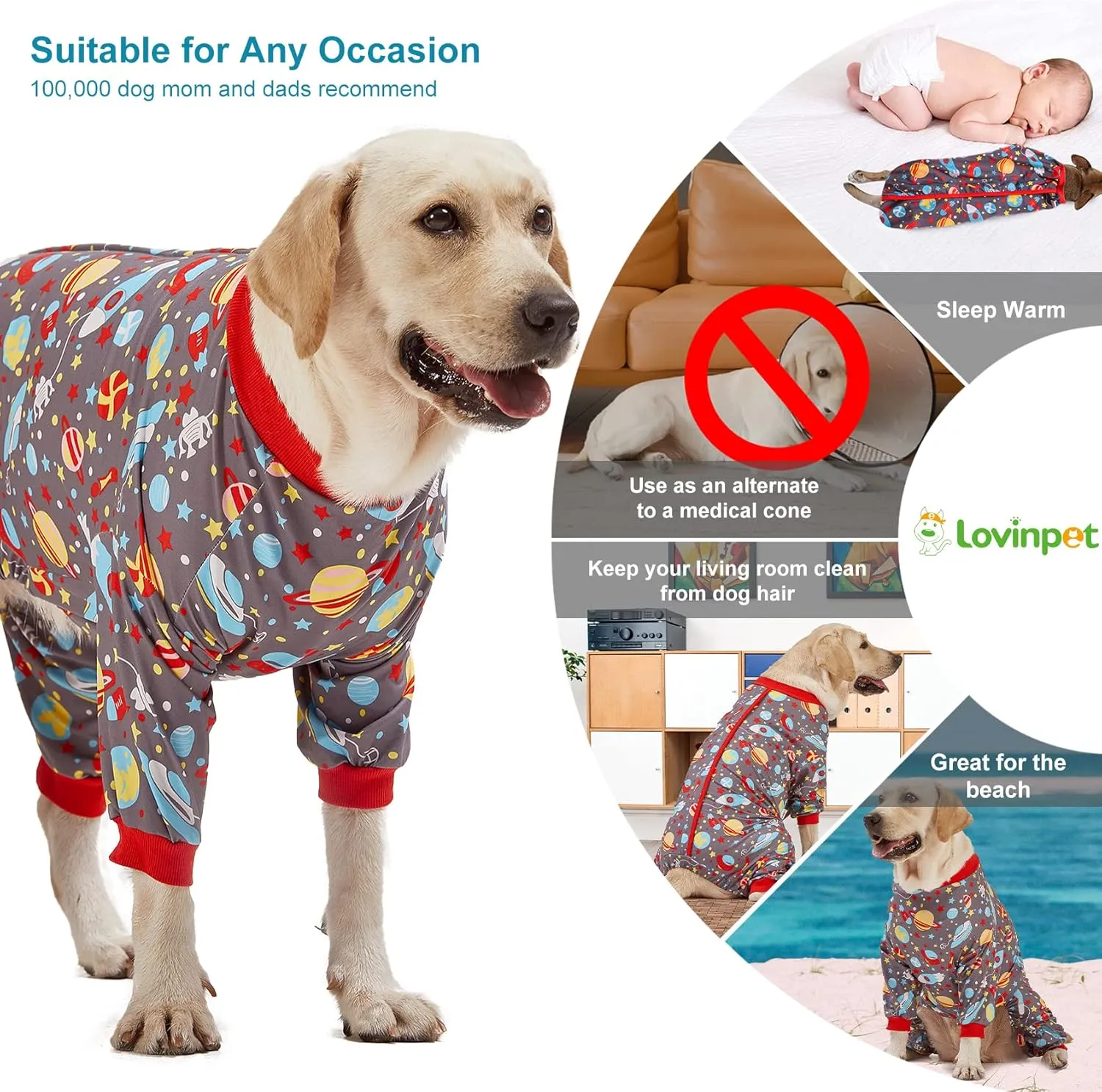LovinPet Large Dog Pajamas: Large Breed Pitbull/Boxer/Labrador/Doberman, Lightweight Onesie, Space-Travel Grey Print,Post Surgery Shirt,UV Protection, Pet Anxiety Relief, Wound Care for Big Dog /3XL