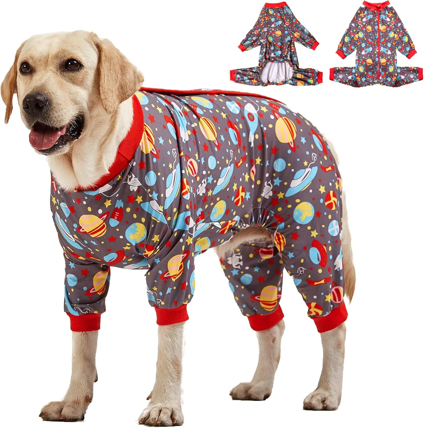 LovinPet Large Dog Pajamas: Large Breed Pitbull/Boxer/Labrador/Doberman, Lightweight Onesie, Space-Travel Grey Print,Post Surgery Shirt,UV Protection, Pet Anxiety Relief, Wound Care for Big Dog /3XL