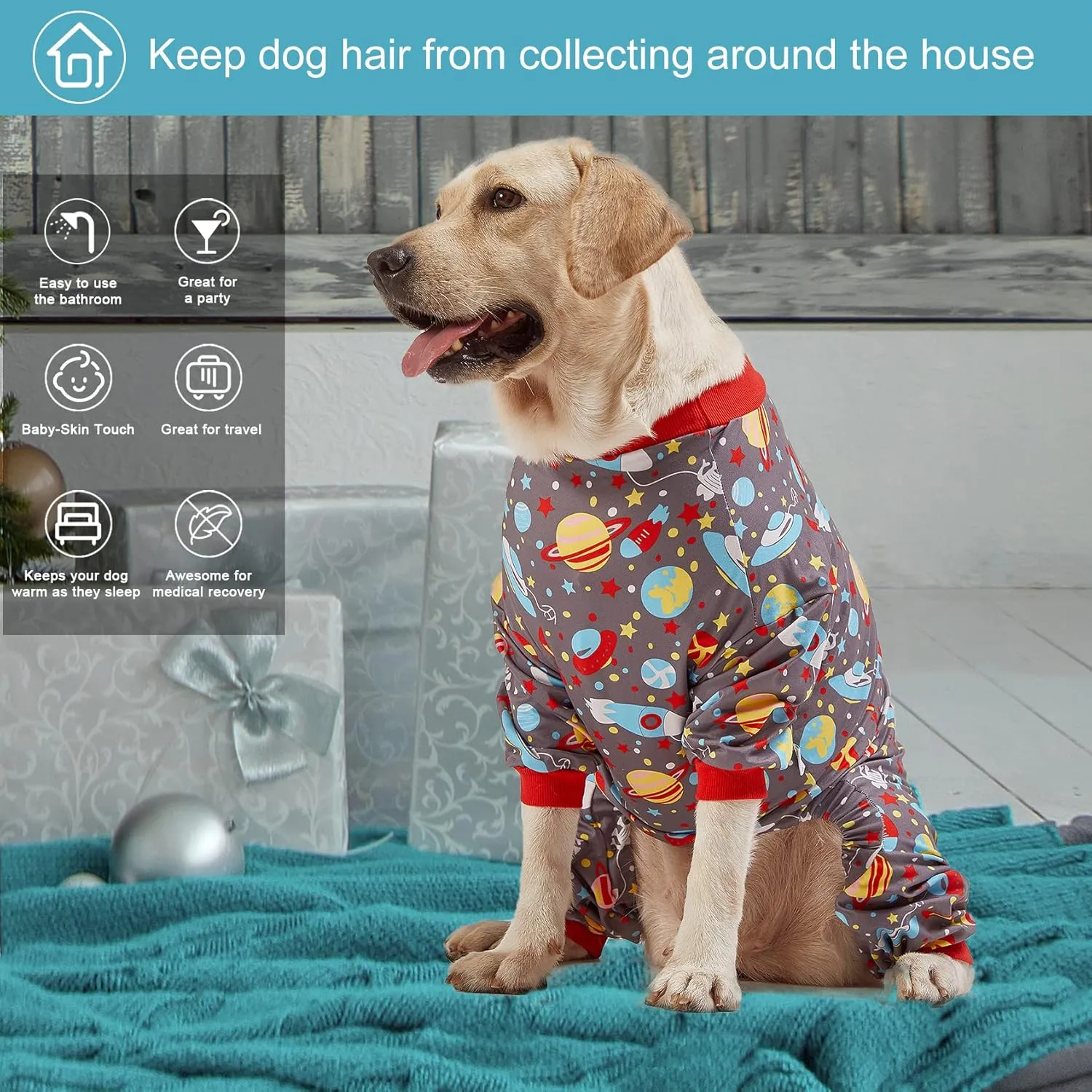 LovinPet Large Dog Pajamas: Large Breed Pitbull/Boxer/Labrador/Doberman, Lightweight Onesie, Space-Travel Grey Print,Post Surgery Shirt,UV Protection, Pet Anxiety Relief, Wound Care for Big Dog /3XL